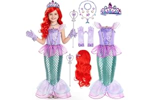 AM ANNA Girls Mermaid Costume Set, 9-in-1 Ensemble with Wig, Gloves, Crown and Accessories, Polyester, Ages 4-10, Purple, Halloween and Birthday Fancy Dress Kids Mermaid Costume