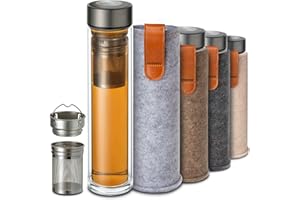 Cosumy Teeflasche mit Sieb to Go 500ml - Doppelwandiges Glas mit Filztasche - Hitzebeständig - Auslaufsicher - Spülmaschinenfest - (Grau)