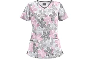 UNHU Damen Pflege Berufskleidung Uniformen Blume Druck V-Ausschnitt Kurzarm Schlupfkasack Übergröße Schlupfhemd Kasack Krankenpfleger Uniformen mit Taschen