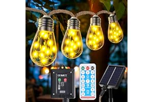 LUJASI Guirlande lumineuse solaire d'extérieur avec 20 ampoules IP65, 8 modes, résistante aux intempéries, blanc chaud, vintage, avec corde de chanvre, pour jardin, fête, balcon, terrasse