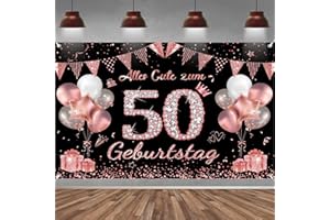 YUHUDANY 50. Geburtstag Banner Frauen Deko Roségold Schwarz 50 Geburtstag Hintergrund Banner, Extra Große Stoff Schild Poster für 50. Geburtstagsparty Deko, 210x150 cm