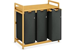 ADEL DREAM AdelDream Cesto Portabiancheria Cesto per Bucato 150L Organizzatore Lavanderia con 3 Scomparti in Bambù Selezionatore di Bucato Grigio