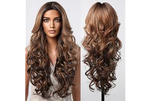 ‎TESTAR testar 28 Zoll Lange Lockige Braune Perücken Für Frauen Gewellte Perücken Mit Spitzenfront Natürliche Leimlose Perücke Synthetische Hitzebeständige Perücken Für Mädchen Tägliches Tragen