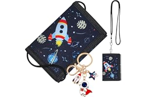 VZXQX Porte Monnaie Enfant Garçon, Portefeuille Enfant Garçon Ado avec Porte-clés et Fenêtre de Visibilité, Portefeuille à Trois Volets avec Cordon, Cadeau d'anniversaire (Motif Fusée)