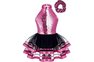 Mufeng Kids Girls Gold Sequin Dance Dress Sleeveless Halter Neck Ballet Tutu Skirts Leotard Dress Ballerina Outfit