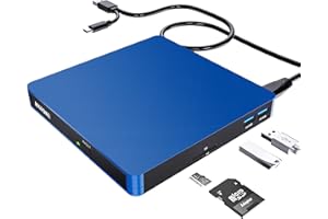 HATOKU Lecteur CD DVD Externe, Portable Transmission Rapide Graveur CD DVD Externe avec Lecteur de Carte SD TF et 2 Ports USB 3.0 pour Windows 11/10/8/7/Ordinateur Portable/PC/Linux/Macbook/iMac(Bleu)