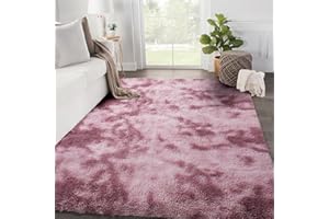 SOANNY Living Room Area Rug, 120x180 cm Soft Fluffy Tie-Dyed Shag Carpet for Bedroom, Dorm, Kids Room, Lounge, Washable Non-Slip Throw for Home Decor, Dark Pink