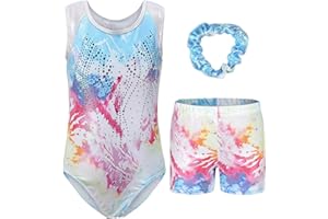 FEOYA Fille Justaucorps Gymnastique avec Short Gym Danse Bandeau de Cheveux Tenues Body de Danse sans Manches/Manches Longues Leotard de Ballet