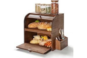 GUUSII HOME Chlebnik Drewniany Bambus Duży Retro Eco Chlebnik Pokrywa rolki Przechowywanie chleba 38x25x36cm Dwuwarstwowe pojemniki na chleb, które można układać w stosy, aby zachować świeżość i smak