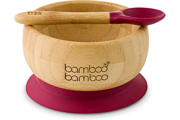 bamboo bamboo Ensemble Bols de Sevrage et Cuillères pour Bébés Avec Anneau d’aspiration en Silicone, Bols pour Tout-petits avec Cuillère pour Bébés à partir de 6 mois (Cerise)