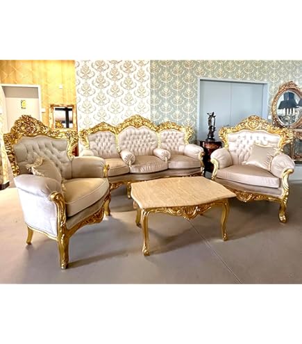 Canapé 3 Places Style Louis XVI Baroque - Finition Dorée, Tissu Jacquard, Bois De Hêtre Massif - Pour Salon, Hôtel, Décoration Luxe