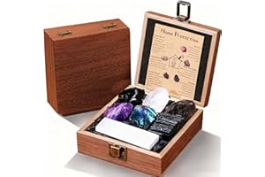 RJINGSHI House Protection Crystal Set - 7 Pcs Home Shielding & Cleansing Stone with Selenite Wand in Wooden Box | Raw Black Tourmaline, Obsidian, Amethyst, Clear Quartz for Positive Energy, Wicca, Spirituality