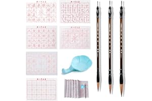 XCSJ 10pcs Pinceau De Calligraphie Chinoise Kanji Japonais Sumi Ensemble Avec 3 Brosse Chinoise Pinceau De Calligraphie,6 Papier De Tissu d'Écriture d'Eau,1 Bol d'Eau,Pour Débutant,Étudiants,Artistes