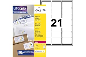 Avery Étiquettes Autocollantes Blanches, 840 Pièces, L7160-40, 63,5 x 38,1 mm, Papier A4, Feuille A4, Pour Imprimantes Laser, Anti-Bourrage, FSC Certifiées, Pour adressage et expédition