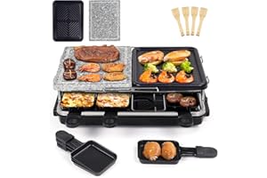 HENGBO Raclette per 8 Persone, Grill con Piastre in Metallo e Pietra Naturale 2-In-1 Griglia, Termostato Regolabile - 1300W Nero