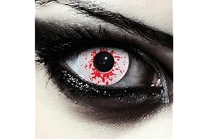 DESIGNLENSES, Dos lentillas de color blanco sangriento para Halloween zombie disfraz, 1 par/2 pzs, sin graduación + caso de lente „Blood Splash"