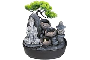 Lemodo Zimmerbrunnen LED Indoor 3-stufig Tischbrunnen Feng Shui Wasserfall mit Beleuchtung und Budda-Figur Kaskadenbrunnen Deko für Wohnzimmer Schlafzimmer Büro Luftbefeuchter Wellness 27x19x31 cm