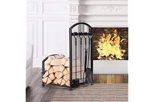 GOPLUS Porte-Bûche avec 4PCS Serviteurs de Cheminée, Pince Brosse Pelle Tisonnier, Range-buches Rangement du Bois pour Extérieur∬érieur, 43 x 40 x 70 cm