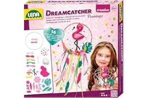 LENA 42700 - Kit de Bricolage Dreamcatcher Flamingo, 56 pièces, pour fabriquer Un Attrape-rêves avec Anneau, Rubans et ficelles colorés, Perles et Fleurs en Tissu, kit pour Enfants à partir de 6 Ans