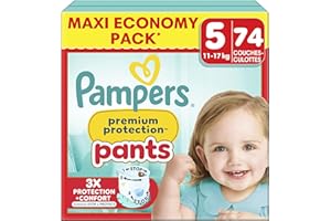 Pampers Premium Protection Pants Taille 5, 74 Couches-Culottes, 11kg-17kg, Avec un Maintien 360° et des Barrières Anti-fuites Douces 2 fois plus larges qu’avant pour Confort et Protection