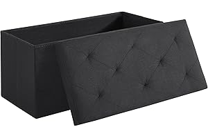 VECELO 76cm Folding Storage Ottoman Bench, Storage Chest, Linen Fabric Foot Rest Stool, 110L Storage Footstools for bedroom and living room, Holds up to 200kg, Black