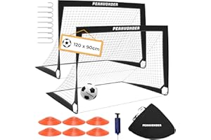 ‎PEAKVONDER PEAKVONDER Football Goals for Garden Children Pop-Up Set of 2 Football Goals Foldable with Fibreglass Poles and High-Quality Goal Nets for Indoor, Outdoor | With Transport Bag Football Hat Ball Pump