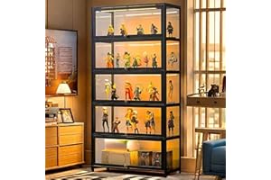 llekondkf 5-Tier Display Cabinet with Acrylic Glass Door, 165 cm High Display Case, Transparent Curio Cabinet&Bookcase for Collectibles, Books, for Playroom, Bedroom, Study Room (Black Flip Door)