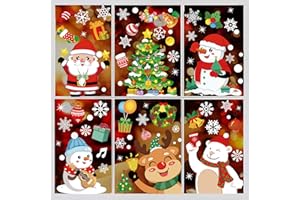 HCSSZ 9 Sheets Christmas Window Stickers,PVC Static Snowflake Window Decals,207PCS Xmas Double-Side Reusable Window Clings with Reindeer Santa Claus for Christmas DIY Window Decorations