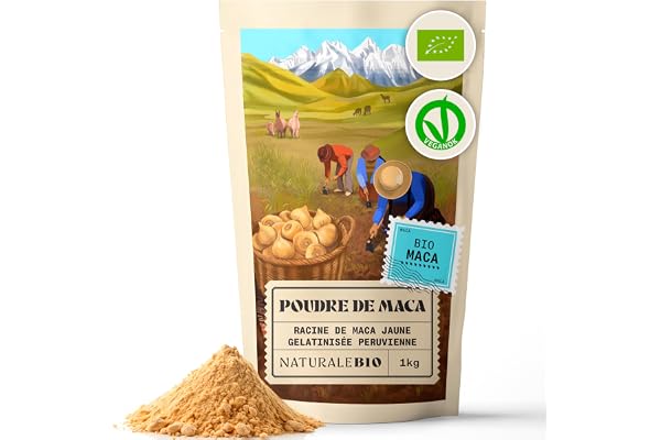 NaturaleBio Maca Bio en Poudre 1kg. Organic Peruvian Yellow Maca Root Powder. Gélatinisée, Naturelle et Pure. Produite au Pérou à partir de Racines Biologiques