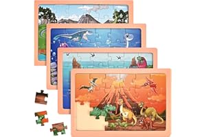 Wooderma Kinderpuzzle Dinosaurier, Dino Puzzle für Kinder ab 3 4 5 6 Jahre, Tier Holzpuzzle mit 4x24 Teilen, Montessori-Spielzeug, Lehrreiches Vorschulspielzeug, Geschenke für Jungen Mädchen