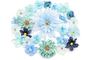 MOTONG Pack of 30 Artificial Flowers for Crafts Artificial Flower Heads, Artificial Flowers Silk Flowers for Home Decor Bridal Bouquet Decoration Flowers Blue Decoration Wedding Decoration Table Party