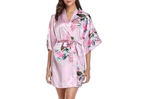 Vlazom Women Kimono Robes Satin Dressing Gown Peacock and Blossoms Sleep Lounge Nightwear Short Silk Bride Bridesmaid Robe