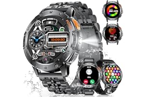 ESFOE Montre Connectée Homme 530mAh avec Torche LED, 1.43'' Militär Smartwatch 3ATM Étanche avec Appels Bluetooth, 113 Modes Sportifs Fréquence Cardiaque Sommeil Podomètre Fitness Tracker pour iOS Android