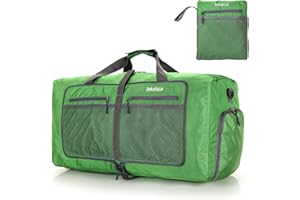 Bekahizar 60L Foldable Duffle Bag Large Lightweight Packable Travel Weekend Duffel with Shoe Compartment and Shoulder Strap for Luggage, Gym, Sport, Camping, Storage, Shopping (Dark Green)