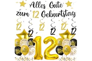 Tasoraor Deko 12. Geburtstag Junge Mädchen - Schwarz Gold 12 Geburtstagsdeko Luftballons Girlande, Konfetti und XXL Zahlenballon für 12 Geburtstagsparty Dekoration