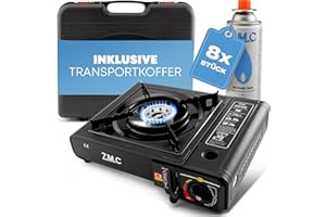 Cocina de Gas Z.M.C de 1 Fuego + Estuche de Almacenamiento + 8 Cartuchos de Gas de 227 g, Cocina de Camping para Uso en Exterior e Interior, con Encendido piezoeléctrico