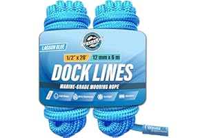 WAVESRX Premium Nylon Boat Dock Lines for Docking 1/2'' x 20' | Double Braided Marine Rope & Mooring Line| Ropes for Docking with Loop | UV & Saltwater Resistant Dock Ropes for Boats & Pontoons
