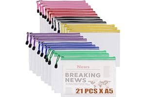 ‎VEUWOLM 21 Stück Bunte Dokumententasche A5, A5 Zipper Wallet Taschen Mesh Kunststoff Dokumententasche Transparent Datei Taschen mit Reißverschluss 7 Farben Wasserdicht Taschen für Büros Schulreise Zubehör