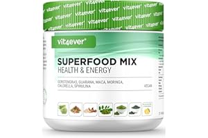 VIT4EVER Combinazione di superfood - 420 g di polvere (frullato) con erba d'orzo, guaranà, maca, clorella, spirulina, moringa - frullato energetico 100% naturale - con aroma di limone - vegano