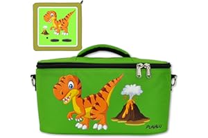 PUNALU Tasche für Toniebox inkl. Schutzfolie passend für Toniebox, Platz für 30 Tonies, Ladegerät und Kopfhörer, Set Toniebox Tasche + Toniebox Aufkleber (grün Dinosaurier T-Rex)