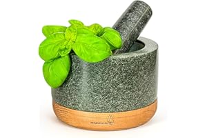 KRONENSCHLUSS – Mörser mit Stößel – langlebig mit stabilen Eichenholzsockel und robusten Granit - Durchmesser ⌀ 14 cm