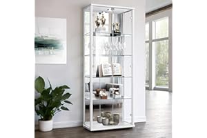 K-Möbel Vitrina de Cristal 2 Puertas (176x67x33cm) - Fabricado en Alemania - Armario bajo Puertas correderas Blanco con 4 estantes de Vidrio Ajustables, Espejo, Cerradura y LED - Vitrina expositora