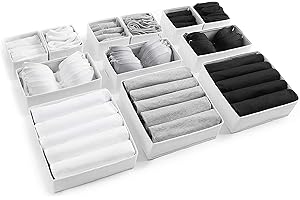 Eco Home Store Drawer Organizer Divider for Clothes, Underwear, Socks, Bras & Accessories – Foldable Cotton Storage Boxes for Bedroom, Wardrobe & Desk – 12 Pack – White