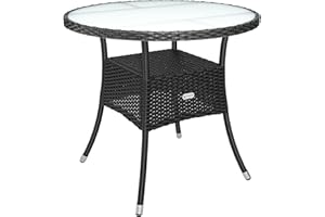 CASARIA® Round Coffee Table | Garden Table With Frosted Safety Glass Plate | Poly Rattan Outdoor Side Table | Weatherproof Patio Furniture | Balcony Bistro Cafe | 80cm | Black