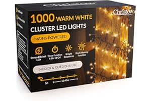 CHRISTOW 1000 LED Cluster Christmas Tree Lights, Warm White Fairy Lights with Timer, 8 Light Modes, Energy Efficient 3mm Micro LEDs, Indoor & Outdoor, Mains Powered, Green Cable, 12.48m Lit Length