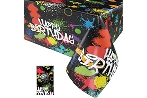 Paready 1 Pack Neon Glow Tablecloth, Paint Splatter Graffiti Party Disposable Tablecloths for Neon Glow Birthday, Happy Birthday Plastic Table Cover for Glow Themed Party Supplies, 54" x 108"
