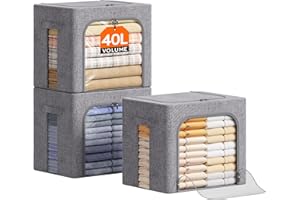 Lifewit 40L Aufbewahrungsbox mit Deckel, Kleidung Aufbewahrung, Faltbare Kleideraufbewahrung mit Metallrahmen, Stoffbox mit Griffen & Fenster, Aufbewahrung Kleiderschrank, 3er Set, Hellgrau