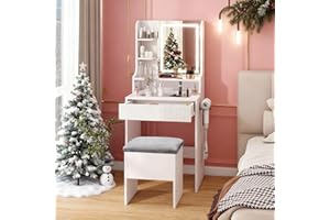 YOURLITE Dressing Table with LED Lights, 3 Light Colors, Adjustable Brightness, Vanity Desk with Mirror and Drawers, Makeup Desk with Cushioned Storage Stool Charging Station for Bedroom