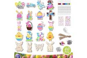 KKLUNO 40 Stück Ostern Basteln Kinder, Holzanhänger Ostern Zum Bemalen, Osterdeko Basteln Kinder, Bastelset Ostern Kinder, Osteranhänger Holz, Mit 12 Aquarellstift, Strass, Schnur, Augen