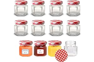 Awiku 12 Tarros Pequeños de Cristal Hexagonales con Tapa Hermética de 45ml - Tarritos para miel, mermelada - Frascos Pequeños - Botes de Vidrio Resistentes y Estancos - Incluye Etiquetas